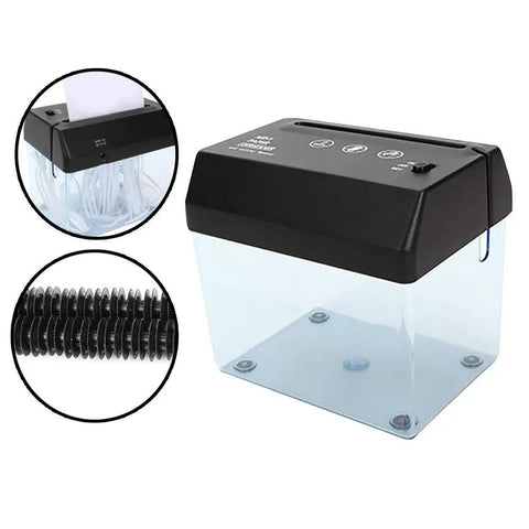 No Hassle Mini Paper Shredder With Built In Letter Opener USB and Battery Powered Quiet Strip Cutter for A6 and Folded A4 Documents, showing cutting blades.