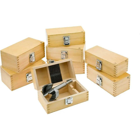 Eight Piece Forstner Bit Set Including 2-1/4 Inch, 2-3/8 Inch, 2-1/2 Inch, 2-5/8 Inch, 2-3/4 Inch, 2-7/8 Inch, 3 Inch, and 3-1/8 Inch Bits in a Handy Wooden Box for Precise, Clean Holes in Woodworking Projects, displayed in wooden boxes