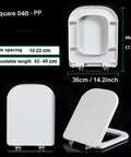 Premium White Elongated Square Front Soft Close Toilet Seat Features Rock Solid Quick Release Hinges and Durable High Gloss Pp Plastic side and top view with size details.