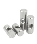 Close-up of silver barrel nuts from Beefy Furniture Barrel Nuts And Thumb Screws Bolt Set With Cross Dowels And Slotted Fittings.