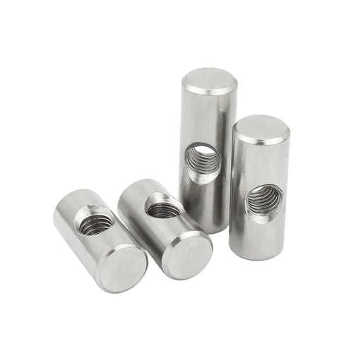 Close-up of silver barrel nuts from Beefy Furniture Barrel Nuts And Thumb Screws Bolt Set With Cross Dowels And Slotted Fittings.
