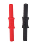 Banana connector pair: red and black insulated 4mm female-to-female connectors with PVC sleeves.