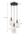 Three Light Black Pendant Light With Seeded Glass Shades, Modern Farmhouse Hanging Chandelier Fixture dimensions shown
