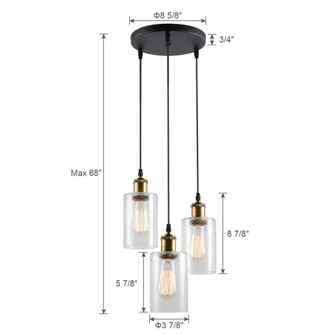 Three Light Black Pendant Light With Seeded Glass Shades, Modern Farmhouse Hanging Chandelier Fixture dimensions shown