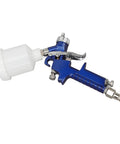 HVLP Paint Sprayer For Buttery Smooth House And Cabinet Finishing Hassle Free High Flow Air Spray Gun, blue aluminum body with white cup.