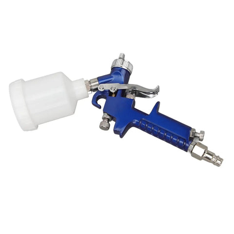 HVLP Paint Sprayer For Buttery Smooth House And Cabinet Finishing Hassle Free High Flow Air Spray Gun, blue aluminum body with white cup.
