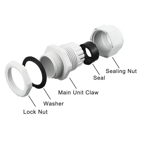 Exploded view of M25 Waterproof Nylon Cable Gland Joint Adjustable Connector For 13mm To 18mm Cable Wire Tough As Nails with IP68 seal.