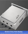 Stainless Steel Outdoor Electrical Box With Mounting Plate, Weatherproof Enclosure, side view showing bottom entry holes and latch