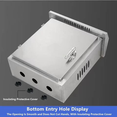Stainless Steel Outdoor Electrical Box With Mounting Plate, Weatherproof Enclosure, side view showing bottom entry holes and latch