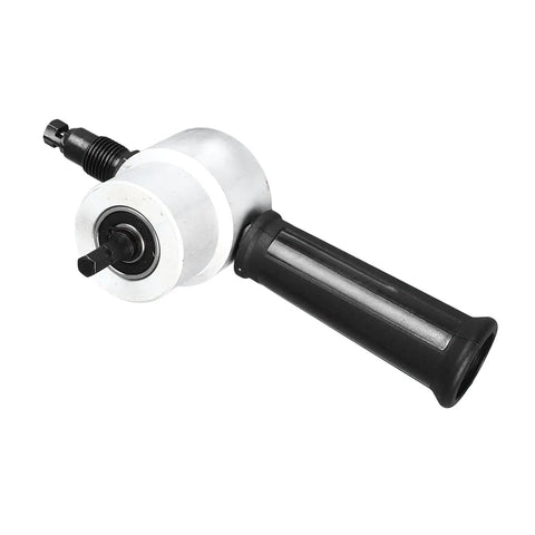 Super Fast Double Head Sheet Metal Nibbler Drill Attachment, black and silver drill adapter, designed for sheet metal cutting.