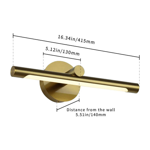 Gold Finish LED Picture Light For Artwork And Paintings, side view with dimensions, hard-wired gallery lighting fixture.