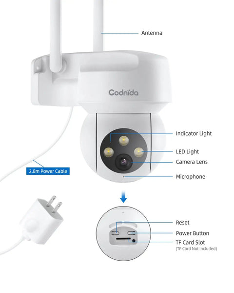 White outdoor PTZ security camera with 360 view, 2K pan tilt dome, motion detection, smart siren, two way audio, color night vision.