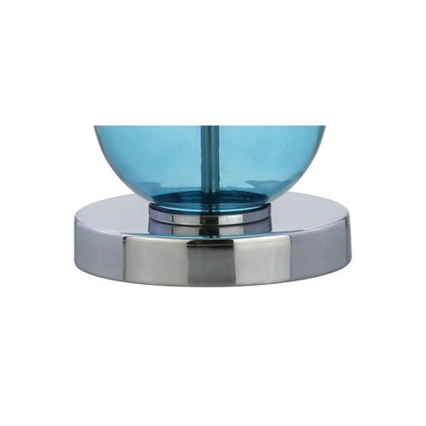 Sky Blue And Chrome Triple Sphere Glass Table Lamps Set Of 2 With White Linen Shades, base detail, spherical glass on chrome