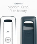 5 Channel RTS Remote Control for Blinds and Shades, Sleek White Finish, Ergonomic Design, Front and Side View