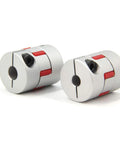 Two aluminium 5x8mm flexible shaft couplings with red clamps, 25mm diameter, 30mm length