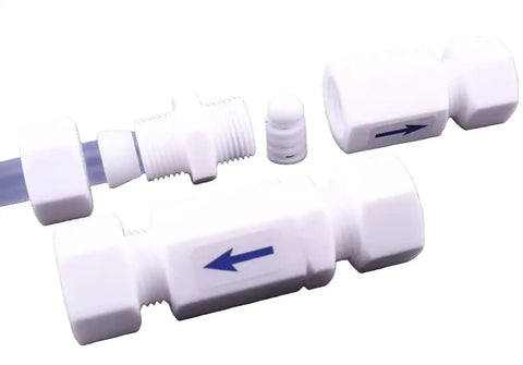 No Nonsense 10 Pack PTFE Teflon Check Valves 1/8 Inch To 1/8 Inch showing valves with directional arrows for one way fluid control.