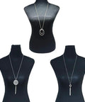 Display of Six Piece Long Pendant Necklace Set For Women With Tassel, Knot, Disk And Circle Designs In Gold Tone