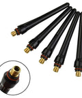 Premium 5 Pack Long Back Cup For TIG Torch WP-17 WP-18 WP-26 High Temp Resistant Ceramic Nozzle shown from different angles.