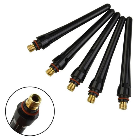 Premium 5 Pack Long Back Cup For TIG Torch WP-17 WP-18 WP-26 High Temp Resistant Ceramic Nozzle shown from different angles.