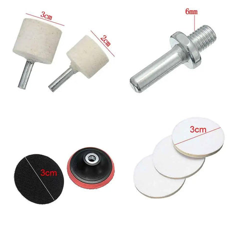 Easy Glass Fix Kit 9 Piece Set With Cerium Oxide Powder, Polishing Pads And Felt Wheel components and dimensions