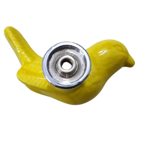 Fresh Vintage Style Yellow Ceramic Bird Cabinet Knob Set With Four Pack Drawer Pulls For Cupboards And Kitchen Cabinets Featuring High Gloss Finish And Dead Simple Install Bold Home Refresh. Close-up view of yellow ceramic bird knob with shiny chrome base.