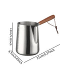 Turkish Warmer Coffee Pot Frothing Pitcher 1000ml Stainless Steel Milk Warmer Teapot with wooden handle, side view.