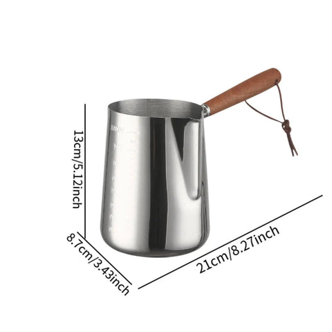 Turkish Warmer Coffee Pot Frothing Pitcher 1000ml Stainless Steel Milk Warmer Teapot with wooden handle, side view.