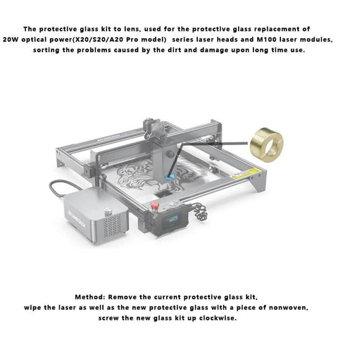 Protective glass replacement kit for ATOMSTACK laser heads; includes window lens and gold mounting ring.