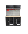 Heavy Duty Freestanding Garage Workbench And Steel Storage Rig Includes Tool Cabinets Panels Hooks Lockers Filing Unit Wardrobe Hella Sturdy Construction For Auto Shops And Home Workshops With Zero Drill Setup, featuring tool storage and workspace.