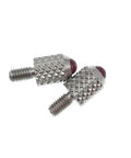 Two silver dial indicator contact points with knurled bodies and ruby ball tips; M2.5 thread, 5mm dia, 7.3mm long