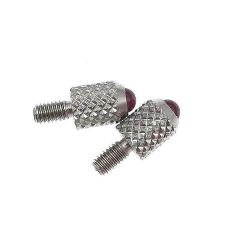 Two silver dial indicator contact points with knurled bodies and ruby ball tips; M2.5 thread, 5mm dia, 7.3mm long