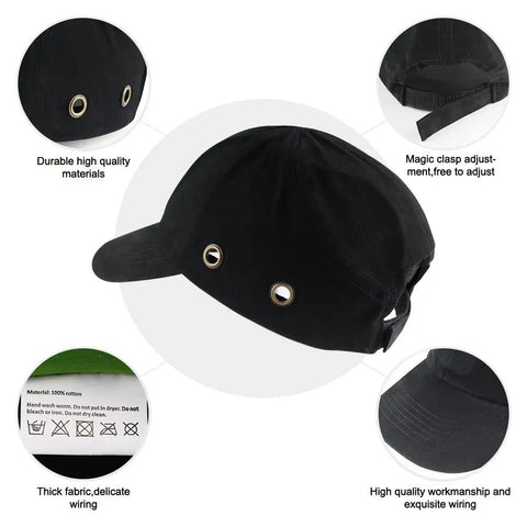 Workhorse Lightweight Safety Bump Cap with removable ABS insert, black, side view showing breathable design and Velcro adjustment.