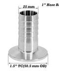 Stainless steel 1.5-inch tri-clamp to 1-inch hose barb sanitary adapter, ferrule OD 50.5 mm, front view