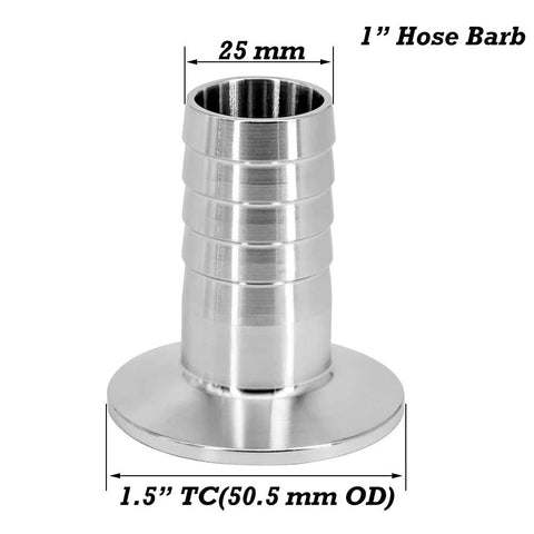Stainless steel 1.5-inch tri-clamp to 1-inch hose barb sanitary adapter, ferrule OD 50.5 mm, front view