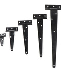 Black Painted T Shape Triangle Cabinet Hinges With Soft Close Dampers For Doors, Gates, And Sheds in various sizes.