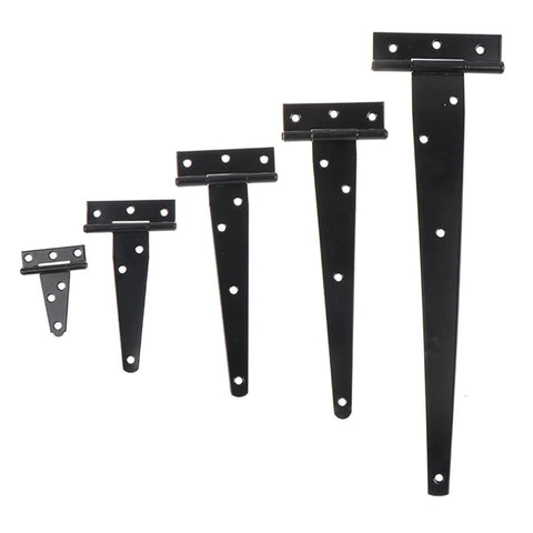 Black Painted T Shape Triangle Cabinet Hinges With Soft Close Dampers For Doors, Gates, And Sheds in various sizes.