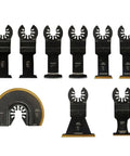 49-10-9113 9Pc Bi-Metal Oscillating Tool Blade Kit with black oscillating blades and circular saw blade