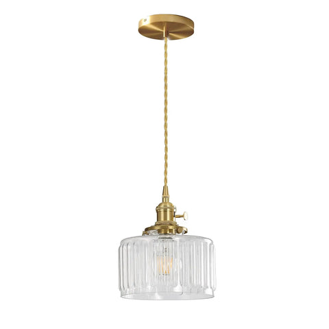 Vintage Glass Pendant Light With Brass Socket And On Off Switch, Green Striped Shade For Kitchen Island And Farmhouse Living Room