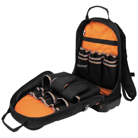 Open Tradesman Pro Backpack Tool Kit with Zipper Tool Bags and Magnetizer showing 39 pockets for tools and equipment storage