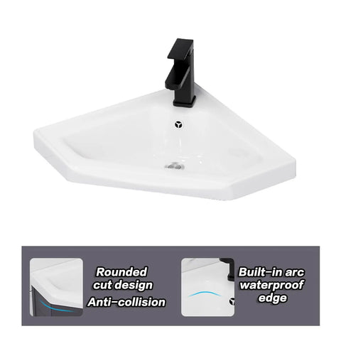 Premium Super Slick 55 Cm White Ceramic Wall Mount Vessel Sink Corner Basin Rack Compact For Small Rooms with black faucet.