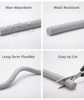 Heavy Duty Quarter Inch Backer Rod EPDM Closed Cell Foam Caulk Saver 33 Foot Coil displayed with water droplets, mold resistance, flexibility, and cutting.