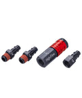 Front view of a 4-piece aluminum high-flow fittings kit with 1/4 in NPT threads; red coupling and black adapters.