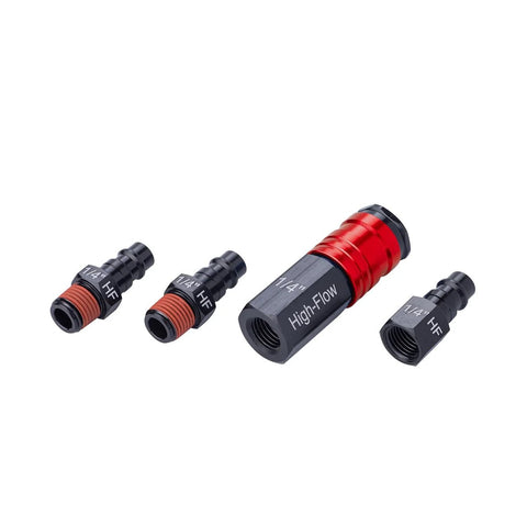 Front view of a 4-piece aluminum high-flow fittings kit with 1/4 in NPT threads; red coupling and black adapters.