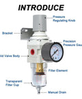 1/4 Inch NPT Air Filter Regulator Combo With Piggyback showing pressure gauge and components.