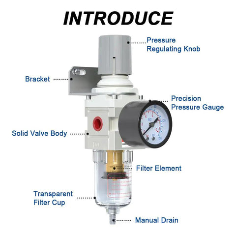 1/4 Inch NPT Air Filter Regulator Combo With Piggyback showing pressure gauge and components.