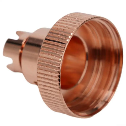 Close-up of a KP2845-2 Plasma Shield Guard Cup for Tomahawk 1538 LC105 Cutting Torch, copper material, threaded detail