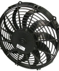 Spal 11 Inch Low Profile Puller Cooling Fan With Curved Blades For High Performance Engine Heat Dissipation Electric Radiator Airflow Boost Up To 844 Cfm viewed from the back, featuring a black plastic design.