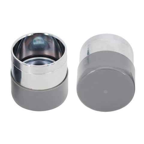 Front view of a pair of 1.98-inch stainless steel trailer wheel bearing protectors with grey and chrome dust covers