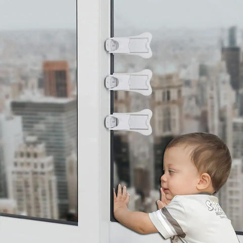 4 Pack Child Safety Sliding Door Locks For Windows And Patio Doors attached to a glass door, preventing child access.