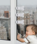 Kid Safe Sliding Door Lock For Baby Proofing And Child Safety, Window Stopper For Vertical Windows, Sliding Glass Door Lock Kit, Easy Install Two Pack, Perfect For Home, Balcony, Kitchen And Bathroom Security installed on white sliding glass door with baby